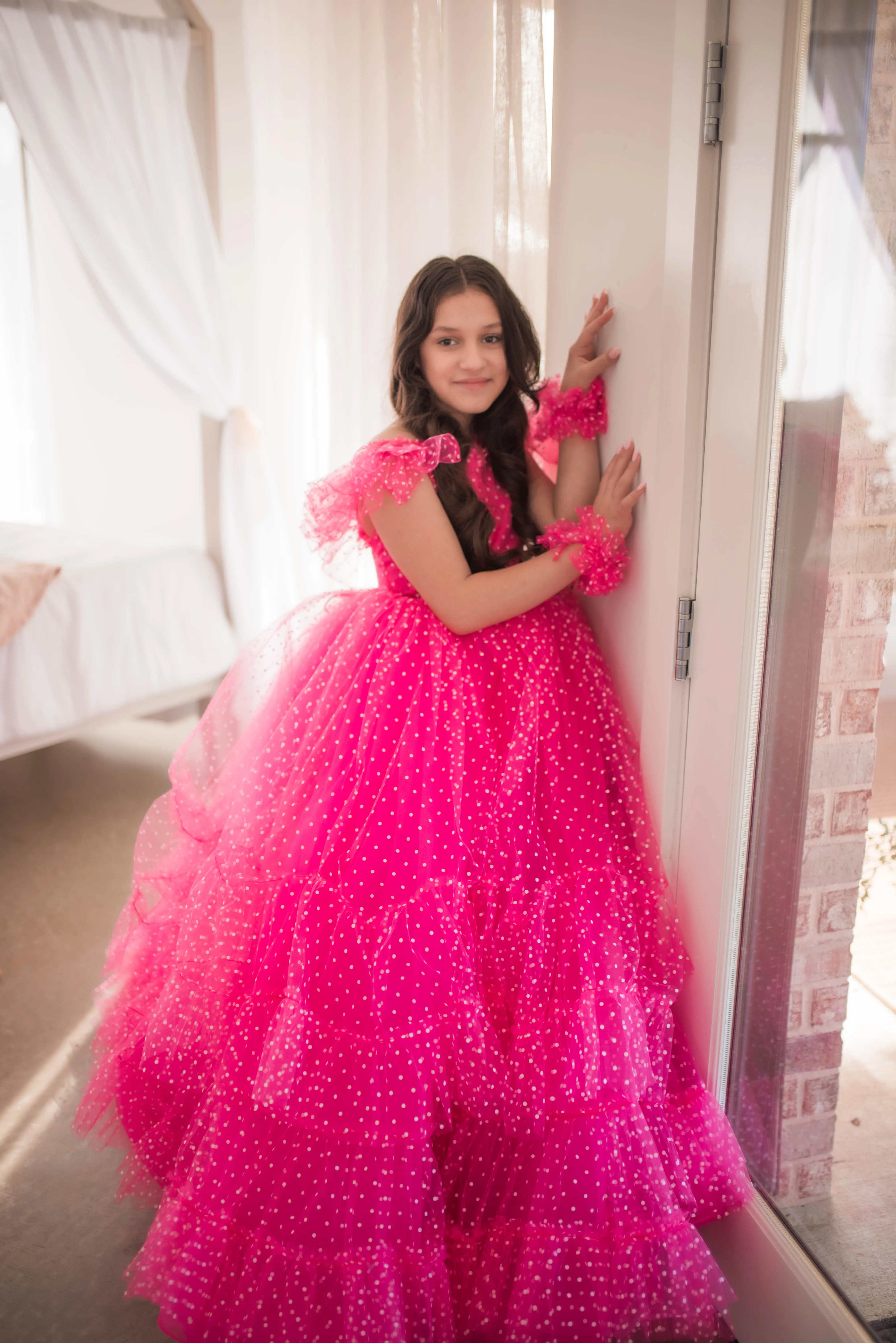 Swish Dots Couture Gown -pink- Floor length dress Wristlets   (8 Year - 9 Year up to a petite 10 year)