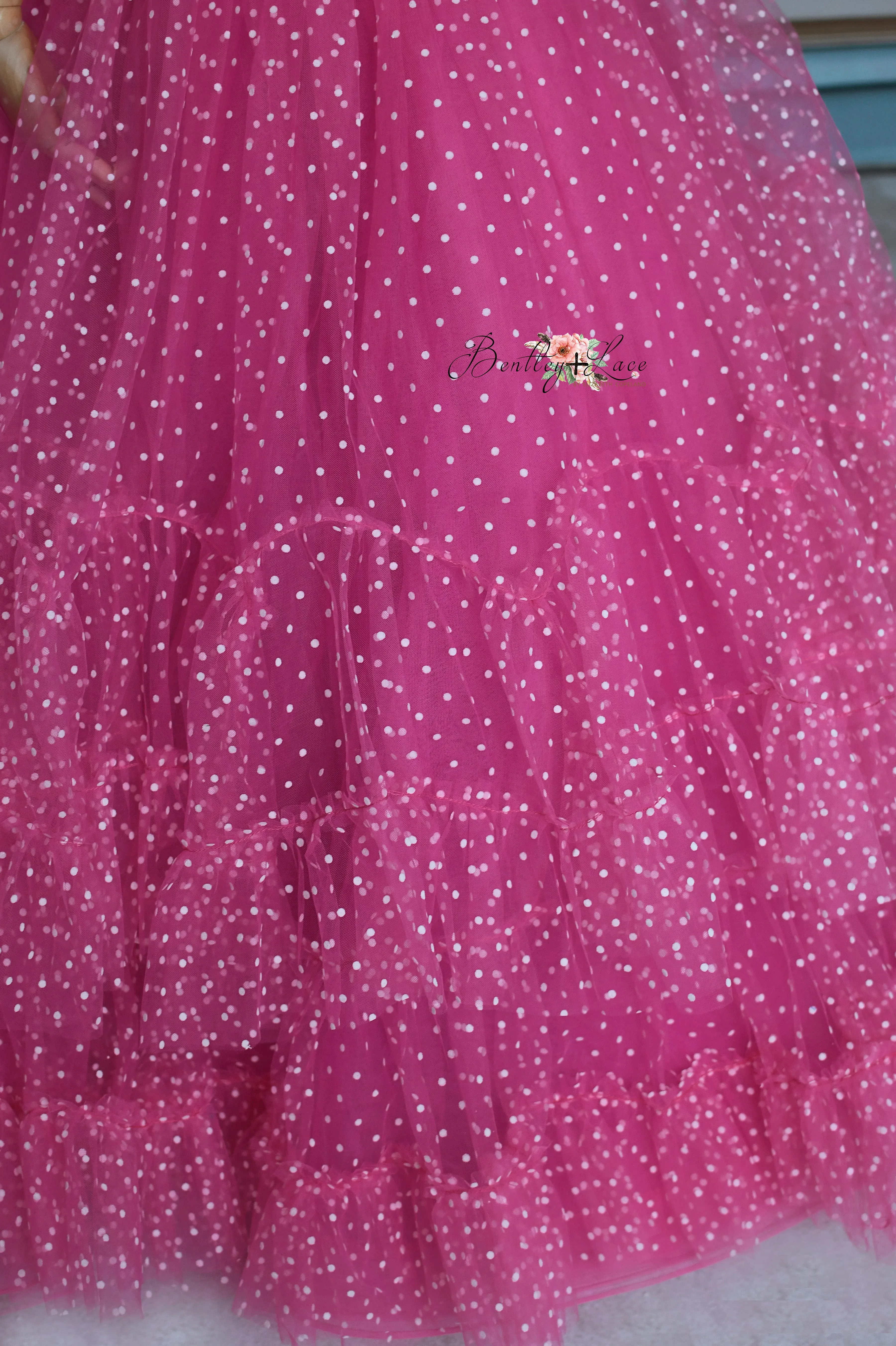 Swish Dots Couture Gown -pink- Floor length dress Wristlets   (8 Year - 9 Year up to a petite 10 year)