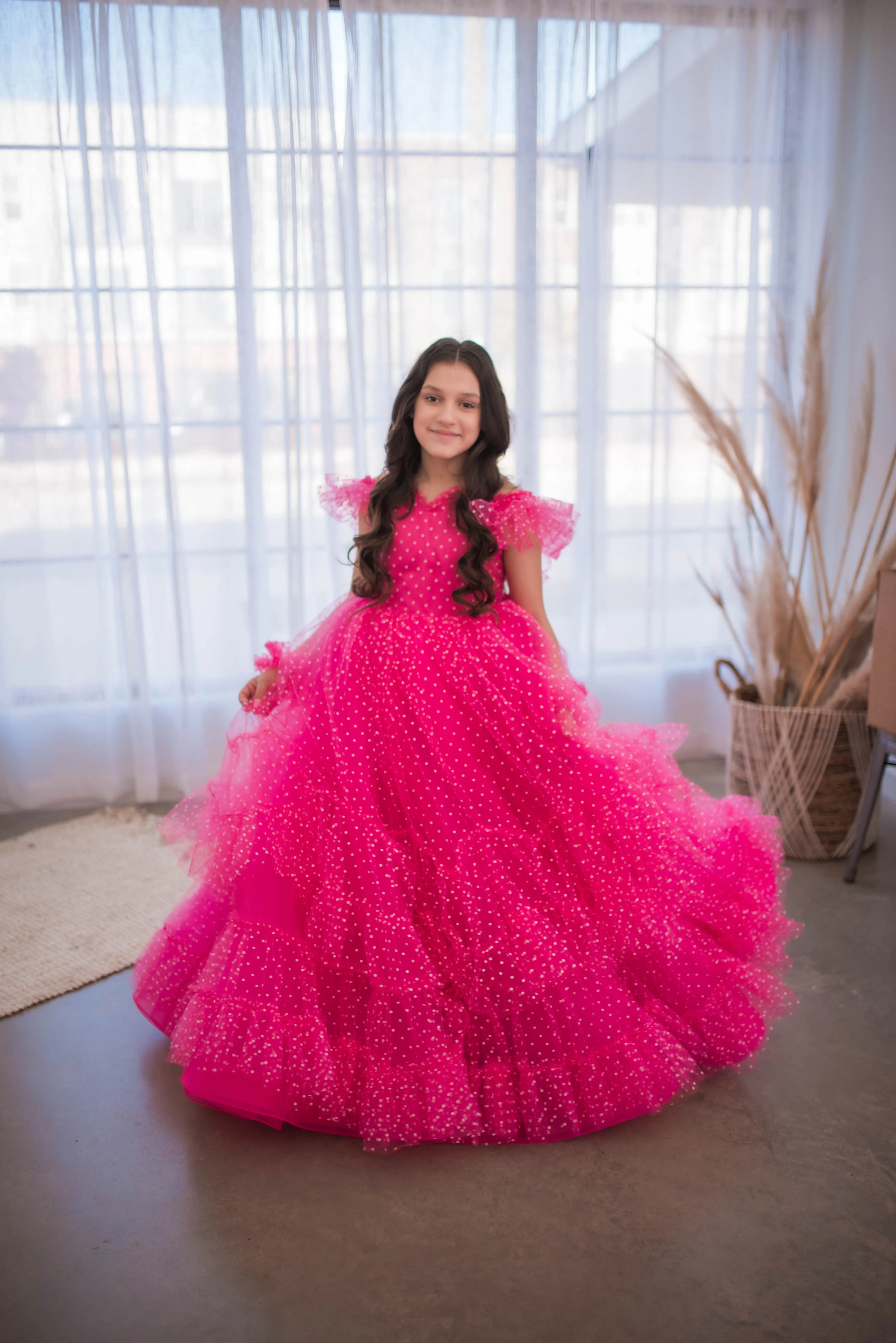 Swish Dots Couture Gown -pink- Floor length dress Wristlets   (8 Year - 9 Year up to a petite 10 year)